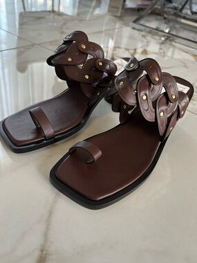 Rebecca Minkoff Brown Leather Braided Studded Toe Loop Women Sandals